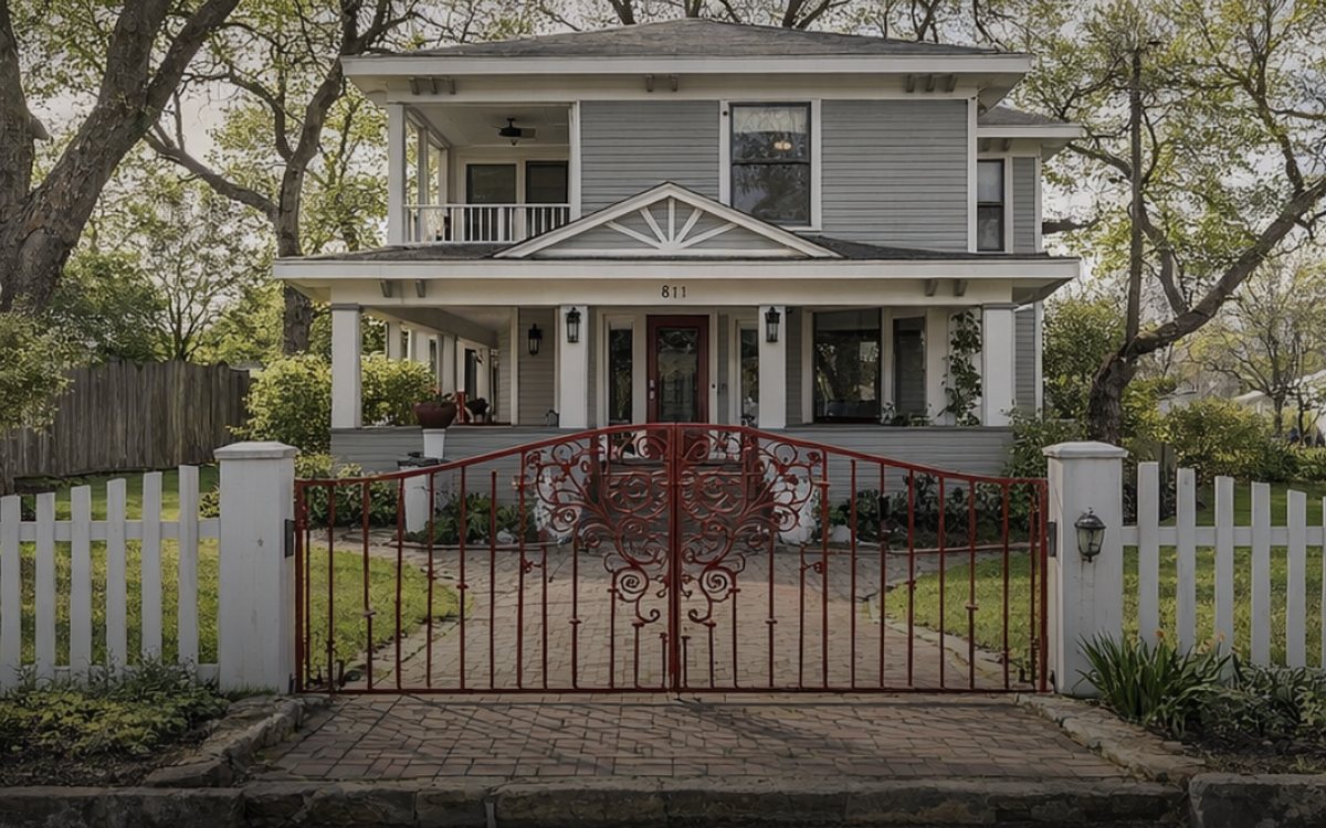 Red Gate Inn, a historic bed and breakfast in McKinney, Texas, with its red iron gate and white picket fence